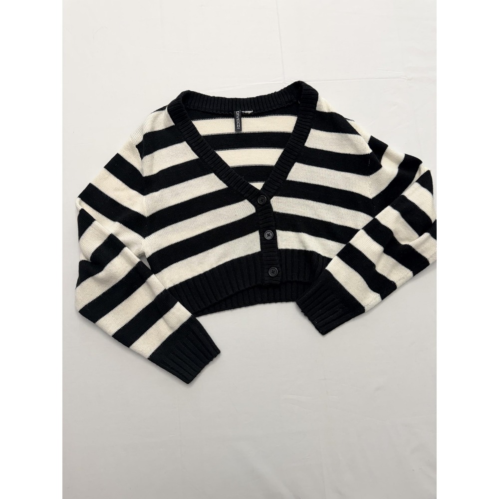 H&M Divided Cardigan Sweater Juniors Small Black White Stripe Cropped V Neck
